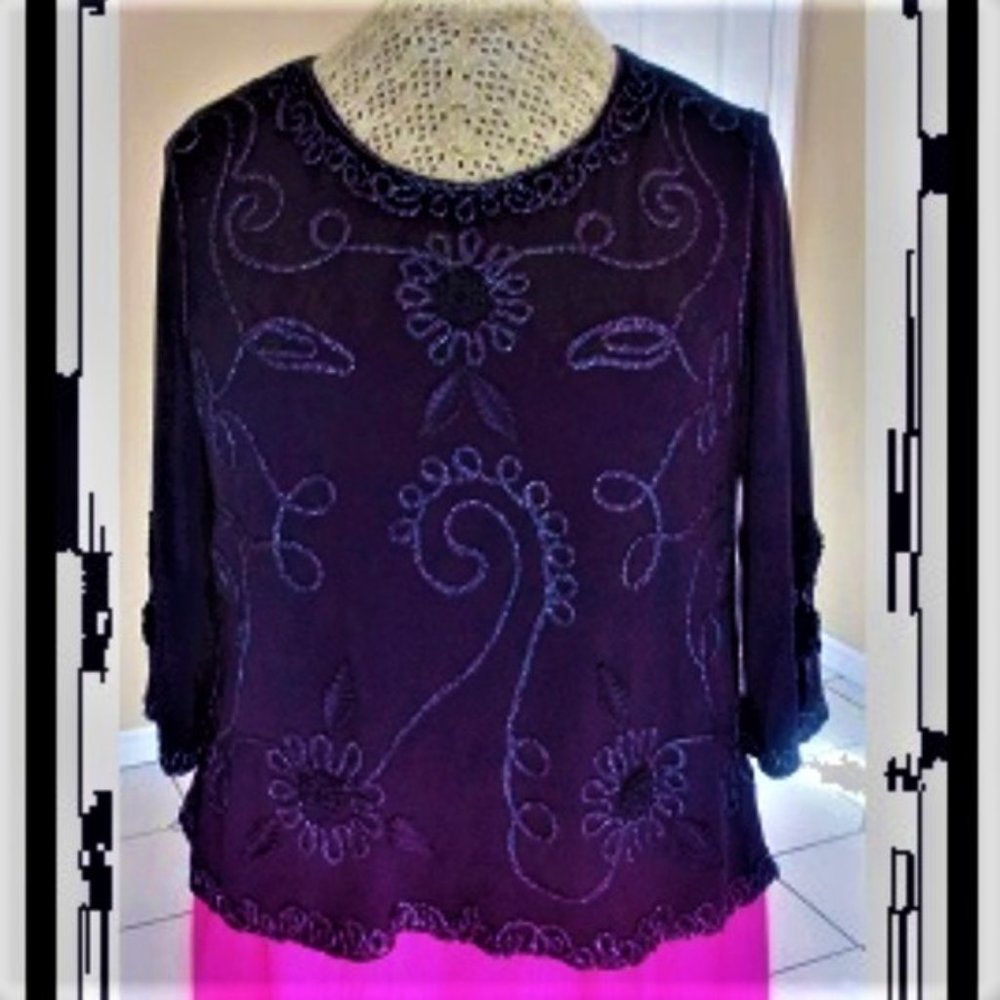 Black Sequin Embroidery Soft Knit Dressy Top